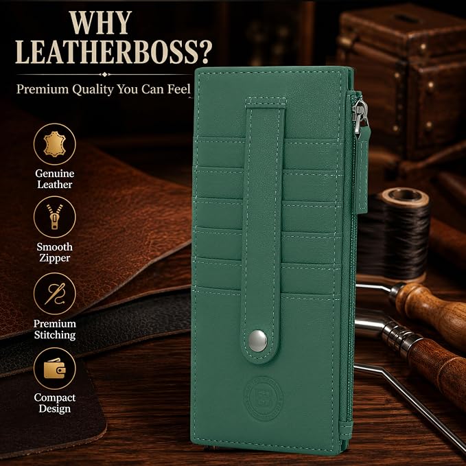 Leatherboss Genuine Leather Women's All in One Credit Business Card Case Holder Slim Zipper Wallet With a Card Protection Strap, Forest Green