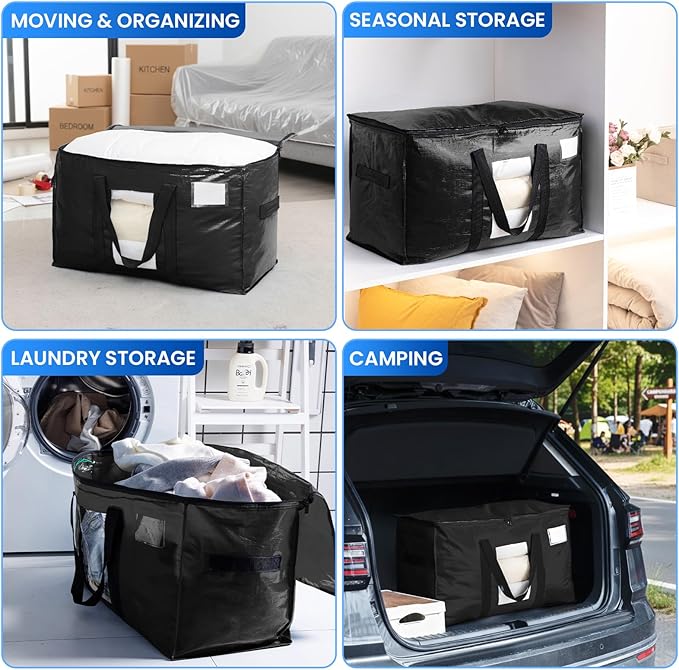 TAILI Extra Large Moving Bags, 8 Pack Black Heavy Duty Totes For Storage with Visible Window, Wrap Around Handles, Storage Bags for Space Saving, Alternative to Moving Boxes