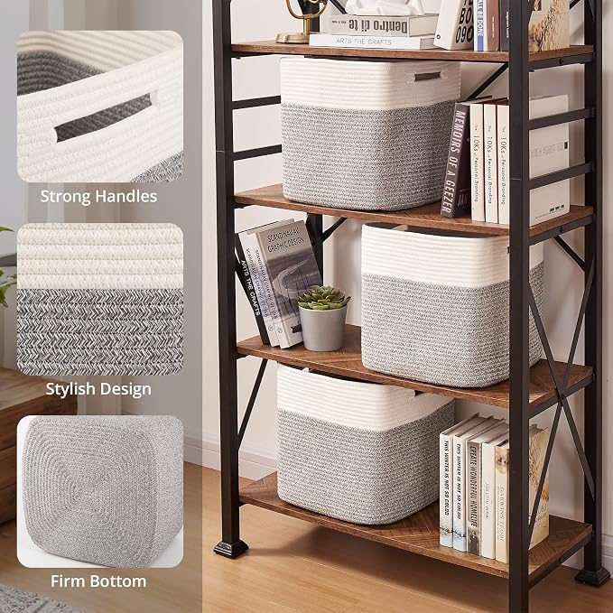 OIAHOMY 13 Inch Cube Storage Bins, 3-Pack Cotton Rope Woven Baskets for Organizing, Insert Storage Baskets for Shelves, Baby Nursery, Closet Organizer, 13 * 13 * 12.6IN, Grey & White
