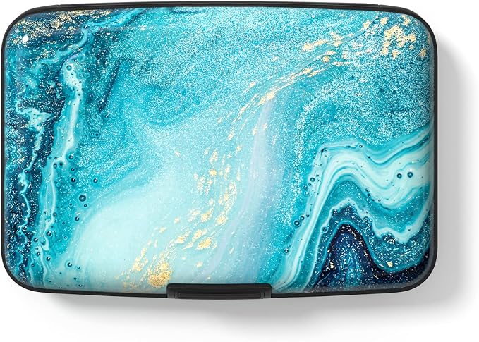 Credit Card Holder for Women, Small RFID Metal Credit Cards Wallets Cute Business Card Holder Pocket ID Case, Blue Ocean Marble