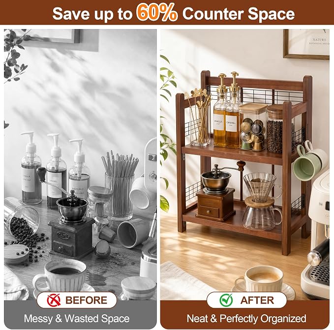 No-Assembly Coffee Bar Organizer, 2-Tier Coffee Station Shelf | Foldable Oak Wood Shelf, Coffee Station Accessories Storage for Syrup, 3 Hooks for Mugs, Kitchen Countertop Organizer, Walnut