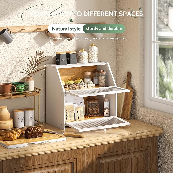 STDDRE Bamboo Bread Box with Cutting Board, Double Layer Extra Large Bread Storage Bin with Door Panel for Kitchen Counter (White)