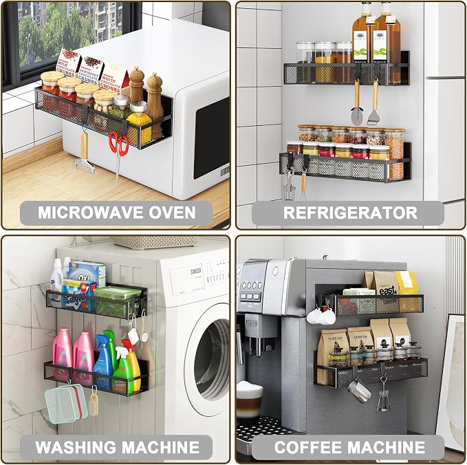 Aufworld Magnetic Spice Rack for Refrigerator, 2 Pack Magnetic Shelf, Fridge Magnet Organizer with Moveable 4 Hooks, Magnetic Fridge Shelf for Kitchen Organization and Storage (2 Pack)