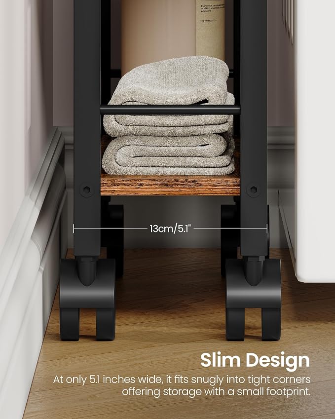 CHOEZON 4-Tier Slim Storage Cart, 5.1'' Kitchen Serving Trolley, Slim Rolling Cart with Handle and Guard Rails, Slim Cabinet for Small Spaces, for Dining Room, Rustic Brown and Black TTC01BF