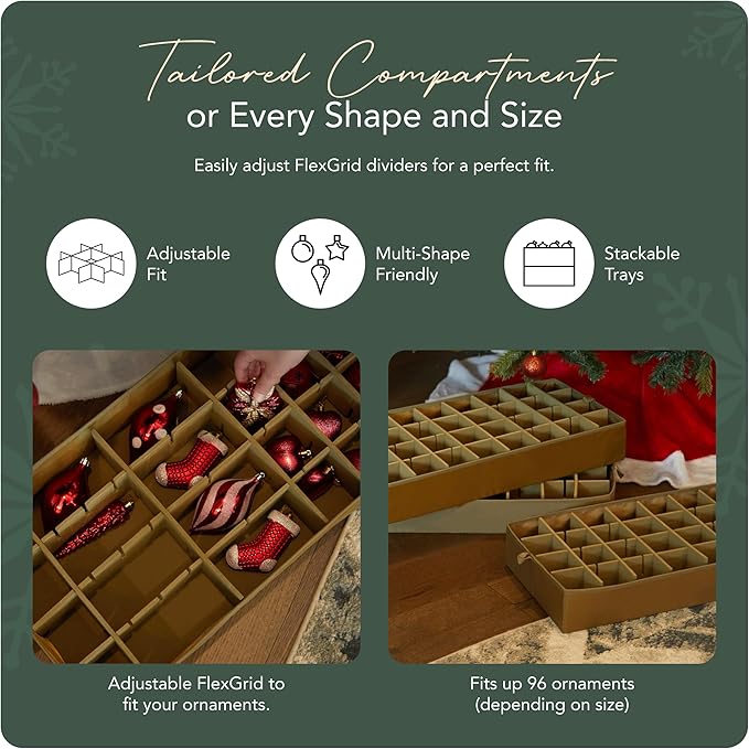 Covermates Keepsakes Adjustable Ornament Storage Bag – Heavy-Duty Polyester, Padded Dividers & FlexGrid Trays – Protective Holiday Ornament Organizer with Handles & Label Window, Red Snowflake