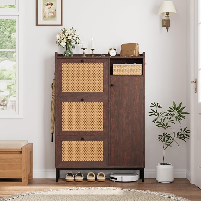 Garvee Shoe Cabinet with 3 Flip Drawers and 4-Tier Shoe Storage Cabinet, Freestanding Shoe Organizer with Adjustable Shelf and Rattan Doors for Entryway, Closet, Hallway