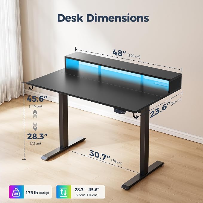 Klicelor Electric Standing Desk with Shelf, 48 Inch Height Adjustable Desk with Power Outlets & LED, Sit Stand Up Table with Monitor Stand, Computer Workstation for Home Office, Black
