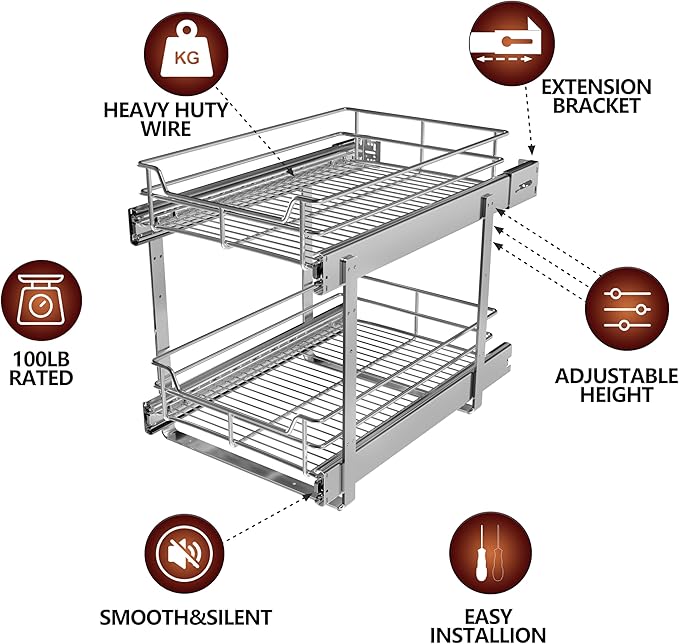 JOWBOOW 2-Tier Individual Cabinet Pull Out Shelves (9" W x 22" D), Slide Out Kitchen Panty Narrow Cabinet Storage Sliding Shelves