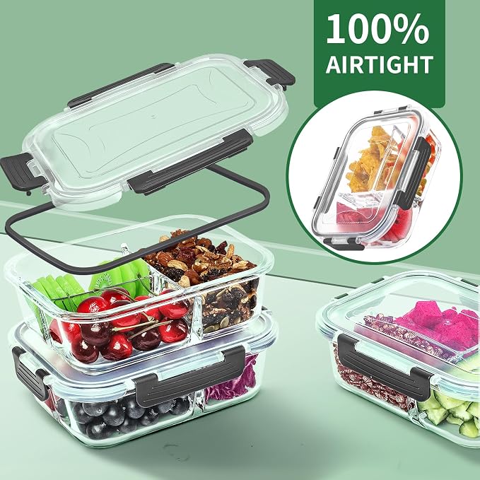 Skroam 5-Packs 36OZ Glass Airtight Food Storage Containers 3 Compartments, Meal Prep Container Set with Lids for Pantry Kitchen Organizers and Storage, BPA Free Glass Lunch Boxes Bento