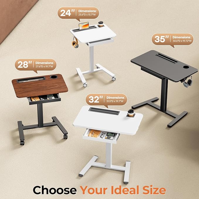 32" Mobile Desk with Drawer, Rolling Standing Desk on Wheels | Height Adjustable Desk with Cup Holder and Hooks, Portable Laptop Cart with Storage for Home Office, White