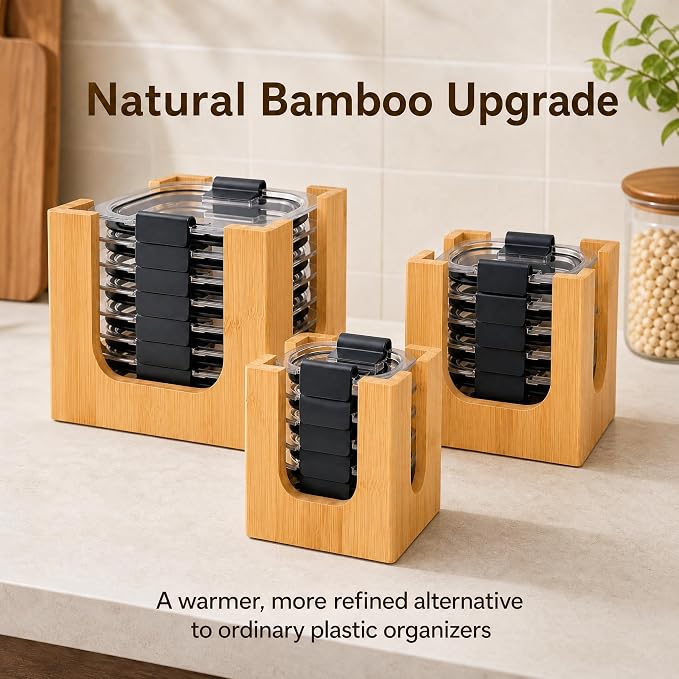 Bamboo Lid Organizer Rack for Rubbermaid Brilliance | 3-piece stackable lid holder, holds 24 lids, fits 4.7/3.2/1.3/0.5 cup, premium warp-resistant bamboo, no assembly needed