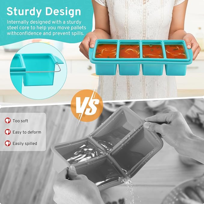 Silicone Freezer Tray with Lid, 1-Cup, 2-Pack, Aqua | BPA-free, leakproof lid, easy-release, stackable, dishwasher-safe. Great for soups, sauces, leftovers, meal prep, baby food.