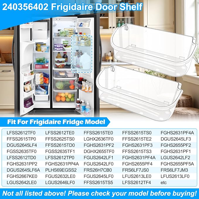 [2 PACK] UPGRADED FFSS2615TS0 LFSS2612TF0 LFSS2612TE0 LFSS2612TP0 LFSS2612TF4 FFSS2615TS2 FGHS2631PF4A Refrigerator Door Bin Compatible with Frigidaire Door Shelf 240356402 Refrigerator Door Shelves
