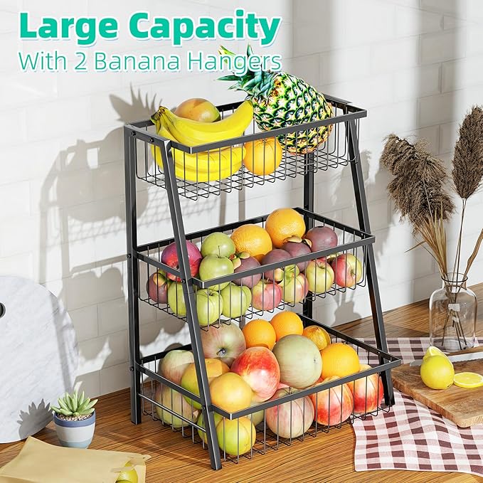 Simple Trending 3-Tier Trapezoidal Fruit Basket with 4 Banana Hooks, Extra Large Metal Wire Kitchen Organizer for Countertop - Rust-Proof for Fruits, Vegetables, Snacks, Bread Storage, Black
