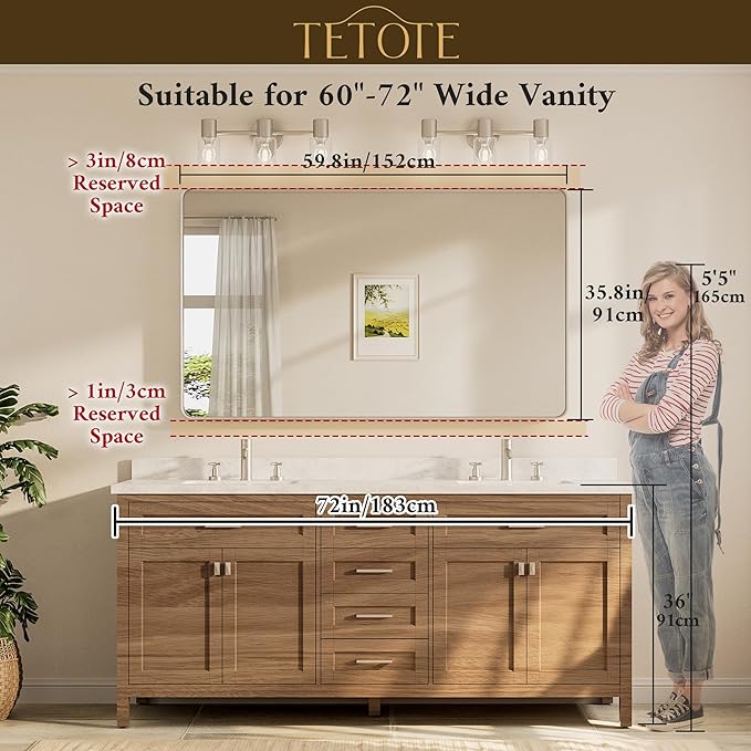 TETOTE 60 x 36 Inch Mirrors for Bathroom, Brushed Brass Gold Vanity Mirror, Large Rectangular Metal Frame Modern Wall Mirror for Living Room Shatterproof (Horizontal/Vertical)