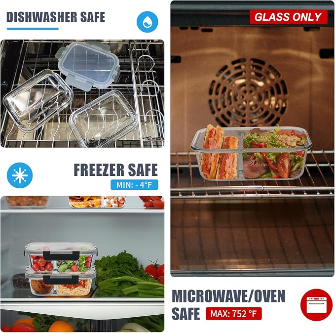 6pack, 34oz, 2 Compartment Glass Meal Prep Containers with Lids, Grey | Portion Control Lunch Containers, Glass Food Storage Containers with Airtight Lids, Microwave, Freezer, Dishwasher Safe