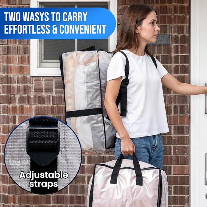 TAILI 2 Pack Clear Moving Bags w/Adjustable Backpack Straps, Moving Supplies, Moving Boxes Alternative, Heavy Duty Storage Totes for College Packing, Camping Backpack for Travel, Dorm, Laundry
