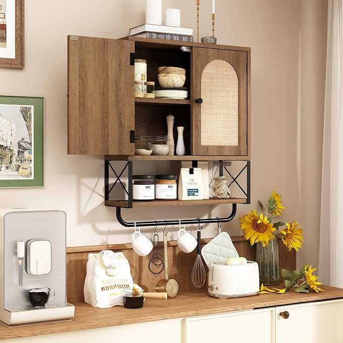 RUSTOWN Rattan Bathroom Wall Cabinet, Boho Over The Toilet Storage Cabinet | Arched Rattan Doors, Modern Medicine Cabinet, Adjustable Shelves, Towel Bar, Rustic Oak