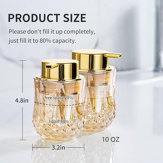 Gold Foaming Soap Dispenser Set- 2 Pack Bathroom Hand Foam Soap Dispensers,Glass Refillable Dish Soap Dispenser,Modern Home Soap Dispenser for Bathroom,Kitchen (Gold Foam Type/2Pcak)