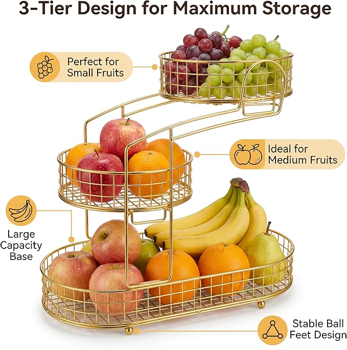 KMV Metal 3-Tier Fruit Basket Vegetable Storage Basket for Kitchen Counter, Detachable Organizer for Bread Snack Produce (Glod)