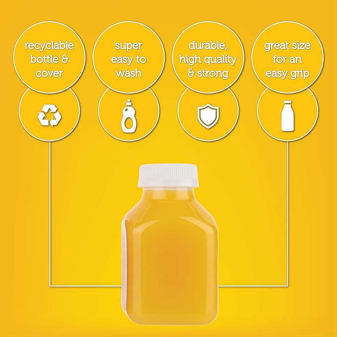 Diplastible Disposable Plastic Juice Bottles-8 Oz with Lids | 12 Pack | for Water, Orange Apple Lemon Juicing, Smoothies, Milk, Reusable, BPA Free, Tamper-Proof Caps, Catering, Takeout