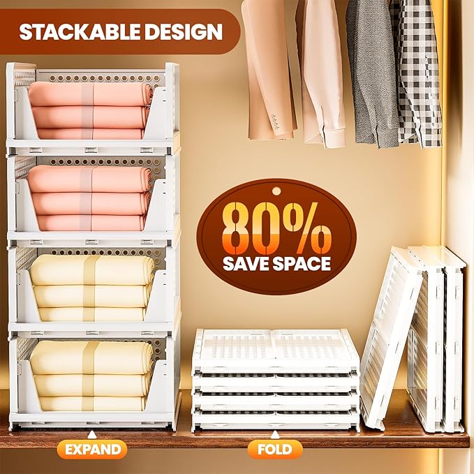 Mavivegue 4 Pack Stackable Closet Storage, Plastic Drawer Basket,Closet Organizers Storage Box for Cupboard,Bedroom, Kitchen, Bathroom, Office White