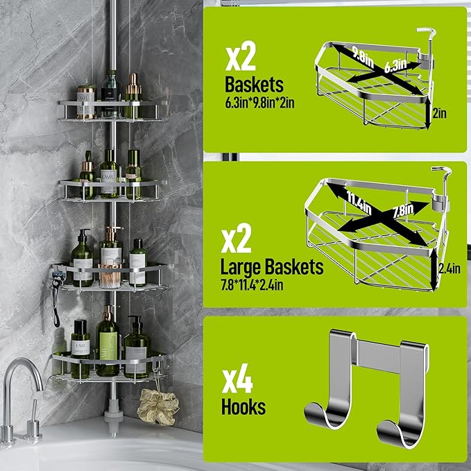 LAMU Shower Caddy Corner Tension Pole, Stainless Steel Shower Organizer, Strong Spring, 5 Adhesive Pads, 2.4 in Non-Slip Grid Base, Adjustable 4-Tier Basket, 4 Hooks, Fits Heights 37.8-124 in, Silver