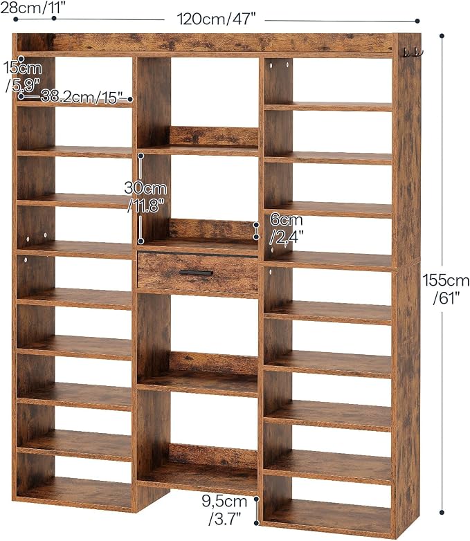 HOOBRO 10 Tier Shoe Rack Tall, 47" Large Wooden Shoe Rack Organizer, 61" Tall Shoe Shelf with Cubbies and Fabric Drawer, for 25-33 Pairs of Shoes, Entryway Shoe Organizer, Rustic Brown FG10SC01