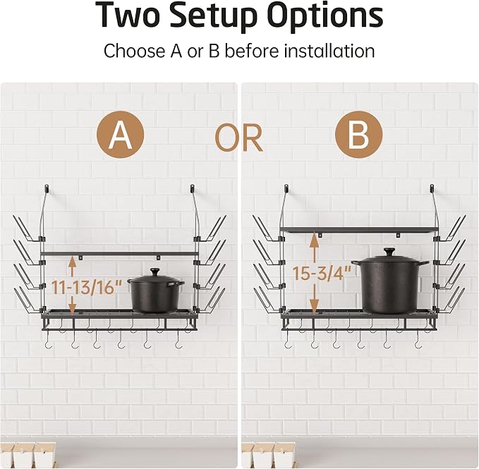KES 30-Inch Pot Rack Wall Mounted, 8 Secure Lid Holders & 12 Sturdy Hooks | 2-Tier Kitchen Hanging Pot and Pan Organizer, Ample Storage for Tall Cookware, KUR215S75C-BK
