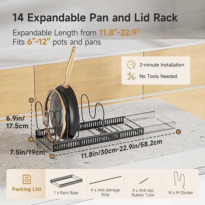 MUDEELA Pot Lids Organizer Rack for Cabinet, Expandable 11.81" to 22.85" Pot and Pan Organizer Holder with 14 Adjustable Dividers, Baking Cookie Sheet Bakeware Cutting Board Kitchen Storage Organizer