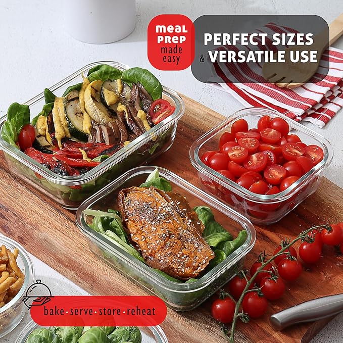 EATEX 32pc Glass Storage Containers with Lids, 16 Glass Food Storage Containers with 16 Airtight Lids for Pantry & Kitchen, Meal Prep Containers for Lunch, Oven Freezer Microwave & Dishwasher Safe