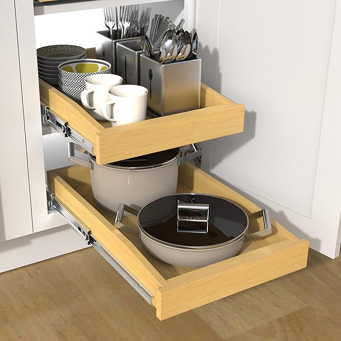 Wooden Pull out Cabinet Organizer 11" W x 21" D x 3.35" H, Heavy Duty Slide Out Drawers Pull-Out Home Organizers for Kitchen Cabinets