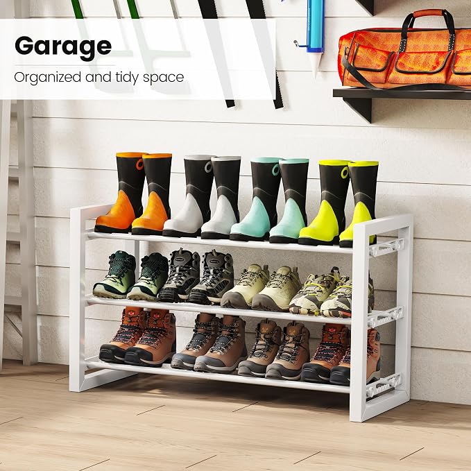 Homeiju Expandable Shoe Rack, 3 Tier Metal Shoe Shelf, Adjustable Shoe Stand for Sneakers, Boots, Heels, Heavy-Duty Steel Standing Shoe Organizer for Entryway, Closet, Bedroom, White