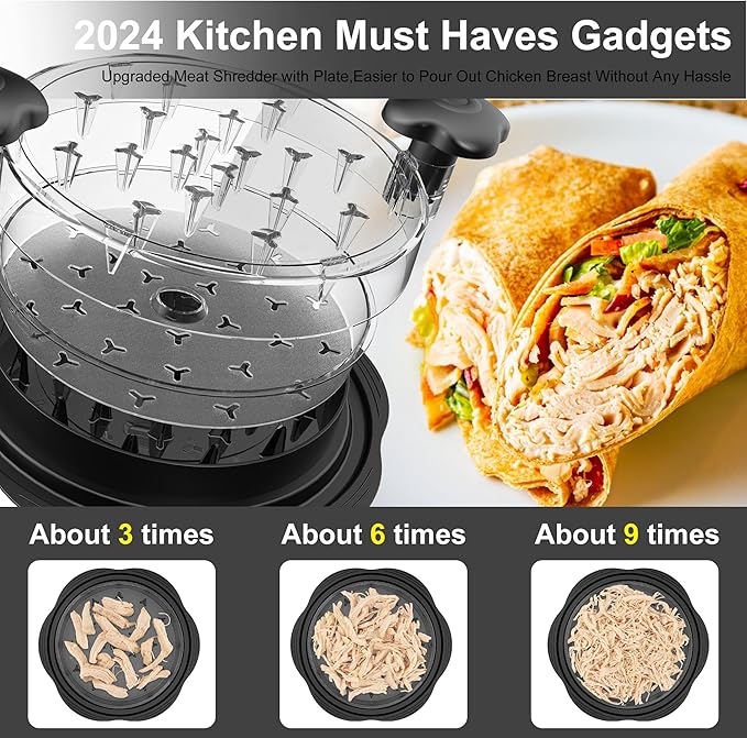 Chicken Shredder with Removable Plate - Manual Meat Shredder Tool with Transparent Lid & Cleaning Brush, Dishwasher Safe Kitchen Gadget for Shredding Chicken, Pork, Beef, Pulled Pork(Black)