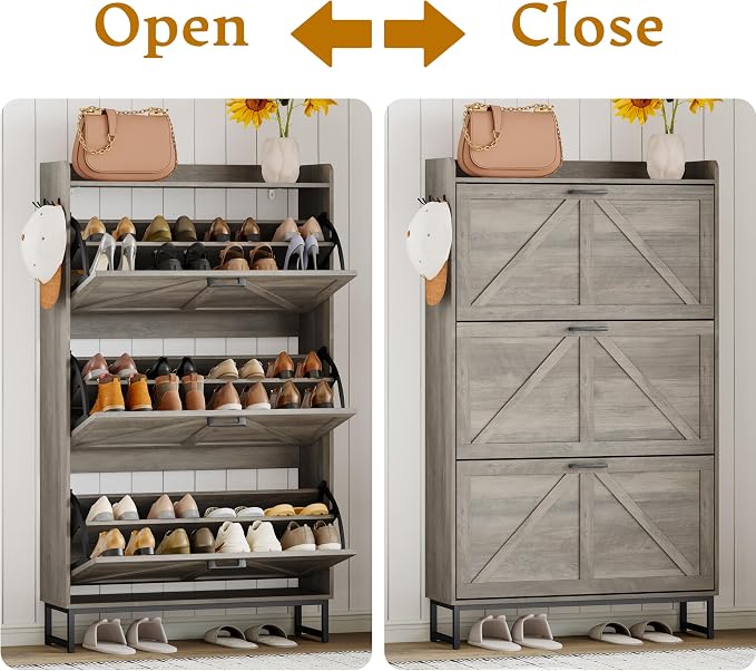 Wodeer Shoe Cabinet Storage for Entryway, Shoe Storage Cabinet with 3 Flip Drawers, Freestanding Narrow Shoe Rack Organizer with Metal Legs & Side Hook for Foyer, Hallway, Grey