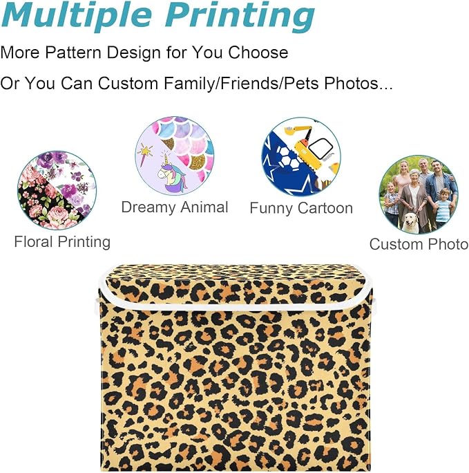CaTaKu Large Fabric Storage Bins With Lids, Brown Leopard Print Storage Boxes With Handles for Organizing Clothes, Collapsible Storage Cube Bins Baskets for Shelves
