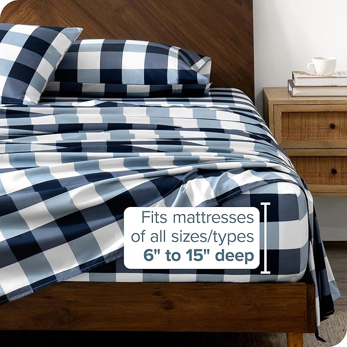 Bare Home Split Head Flex King Sheet Set - Luxury 1800 Ultra- Soft Double Brushed Microfiber - Deep Pockets - Easy Fit - 4 Piece Bedding Sheet Set (Split Head Flex King, Gingham Blue)