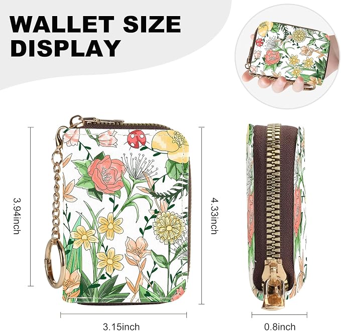 Credit Card Holder for Women,Small Rfid Wallet with Keychain Zipper,Cute PU Leather Card Case Wallet，Accordion Credit Card Wallets Gift,Yellow-Pink Floral Print C