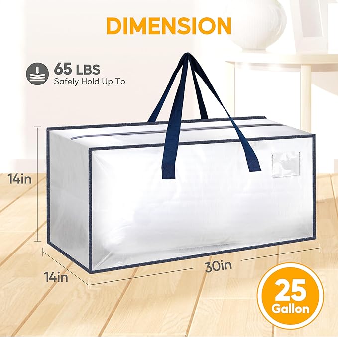 HealSmart 12 Pack Extra Large Moving Bags with Zippers & Carrying Handles, Heavy-Duty Storage Tote Moving Boxes for Dorm Room Essentials Storage Bags, Clear