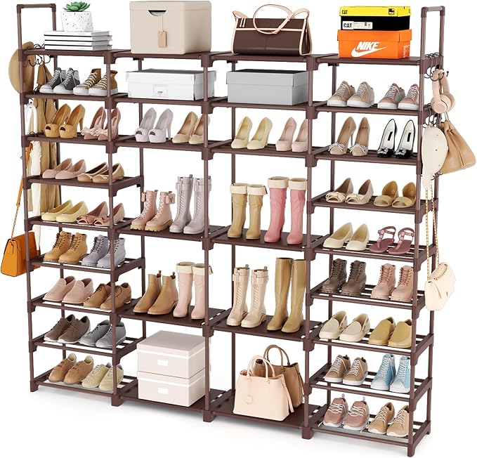 ROJASOP Large Shoe Rack Organizer for Entryway Closet 64-68 Pairs 9-Tier Heavy Duty Tall Garage Shoe Rack Shoe Shelf Shoes Storage with 18 Pcs Removable Side Hooks for Bedroom and Garage Brown
