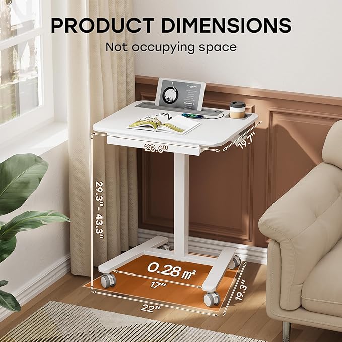 Small Mobile Standing Desk with Drawer, 23.6" x 19.7" Top | Height Adjustable Rolling Teacher Desk with Cup Holder and Hooks, Portable Workstation on Wheels for Classroom & Study, White