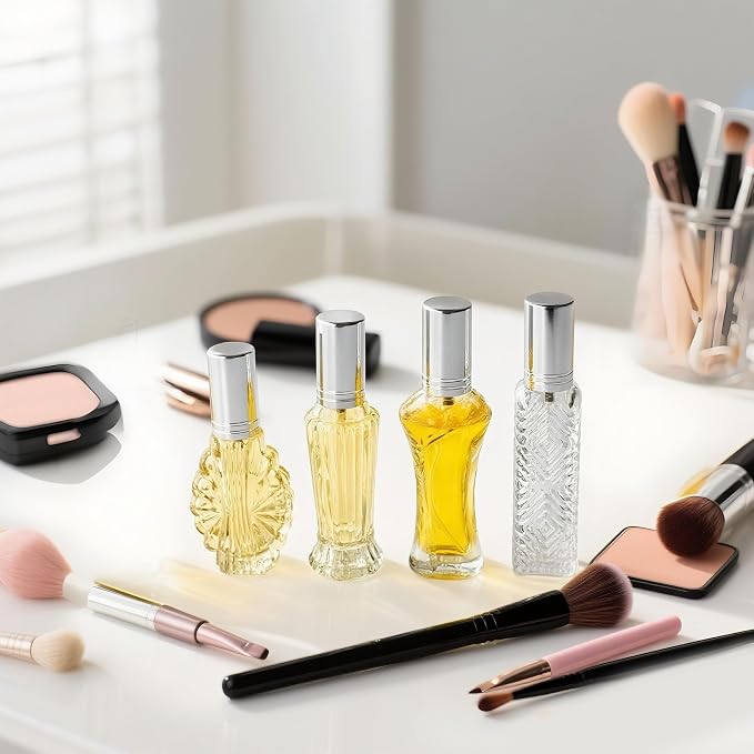 4 Pcs Vintage Glass Refillable Perfume Bottles Empty Spray Set | Vintage Glass Refillable Empty Perfume Bottles with Spray 4 Pack for Wedding Car Home Vanity Travel Decor Gift