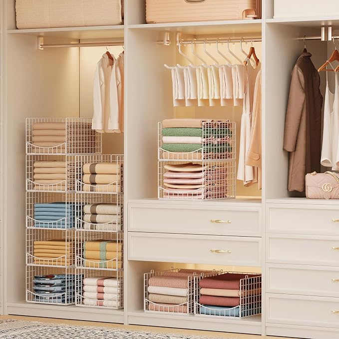 JKsmart 4-Tier Stackable Closet Organizer,Extra Large Clothes Storage Shelf,Clothing Cupboard Organizer System- Closet Wardrobe Storage Bins for Jeans, Pants, Sweaters,Purse,t-Shirt Organization