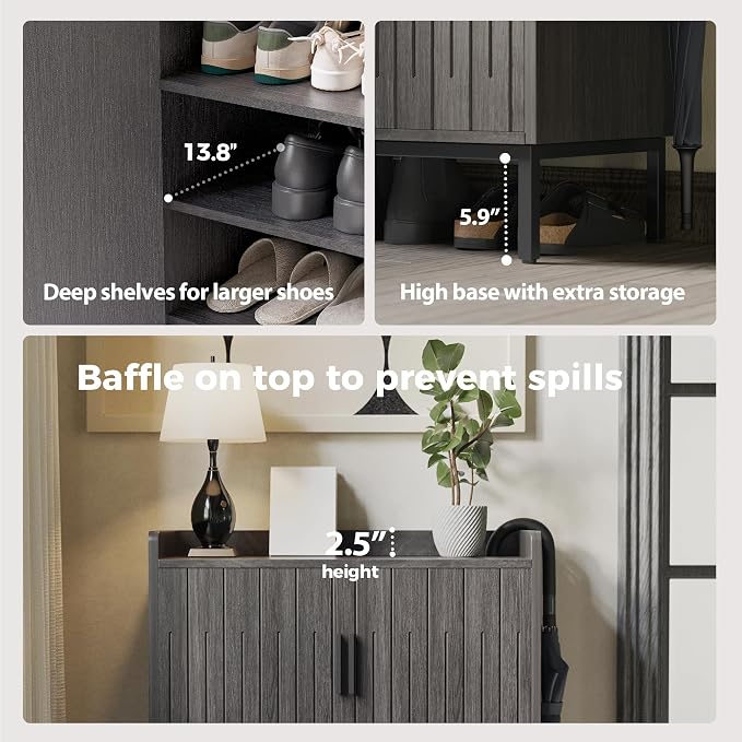 Mericonia Shoe Cabinet with Metal Legs, Farmhouse Large 5-Tier Shoe Storage Cabinet with Doors, Wooden Shoe Organizer for Entryway, Hallway (2 Door Shoe Cabinet, Black Oak-Modern)