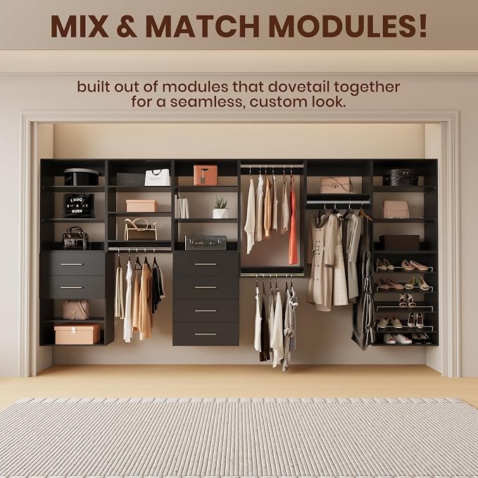 ROOMTEC Modular Closet System, 61" Wall-Mounted Closet Organizer with Hanging Rods, Wooden Tower for Walk-In Closets, Wardrobe Storage Kit, Black