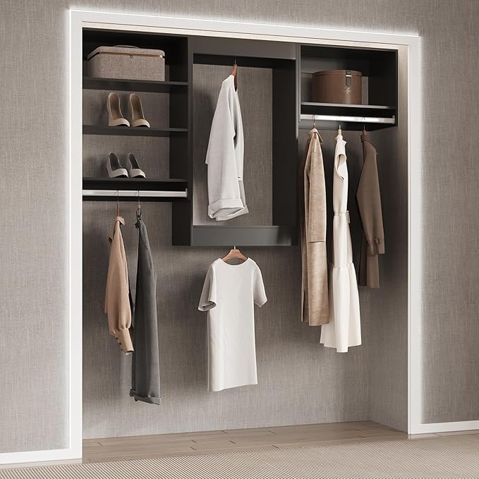 Modular Closet with Wood Tower Storage, 102" Wide Wardrobe Organizer for Walk-in Closets, Wall Mounted Black