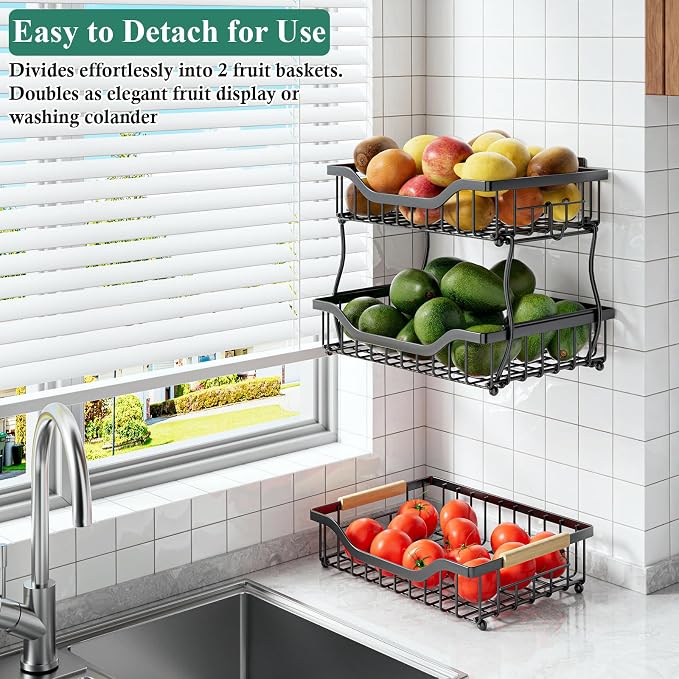 OKZEST 3-Tier Fruit Basket Fits Under Standard Upper Cabinet, 17.2" Tall | 2-In-1 Wall Mount & Countertop. Stackable Kitchen Organizer with Banana Hanger, Hold Potato, Onion, Bread, Snack, Can, Veggie