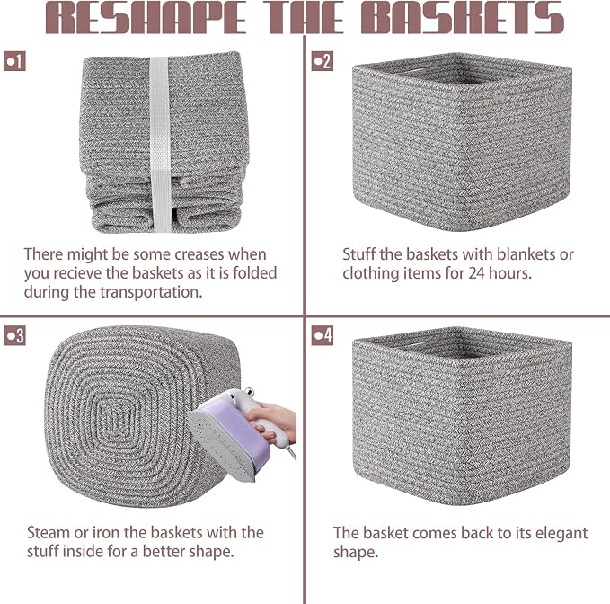 OIAHOMY 9”x9”x7” Storage Cubes, Cotton Rope Woven Baskets for Organizing, Cube Storage Bin, Small Gift Basket for Shelf, 3-Pack, Grey