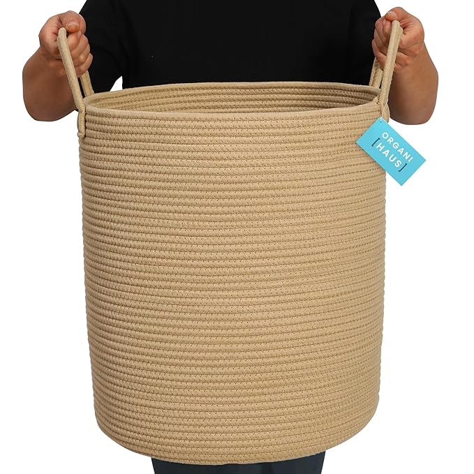 OrganiHaus Large Woven Laundry Basket w/Handles 52L, Rope Dirty Clothes Hamper, Blanket Basket for Living Room, Baby Laundry Hamper for Nursery, Soft & Durable Decorative Organizer Bin - Honey