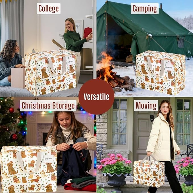 VENO 4 Pack Heavy Duty Moving Bags, Storage Bags, Packing Supplies, Top Zipper, Storage Totes for Camping, Clothes, Bedding, Comforters, Pillows, Christmas Pattern (13 Gallon, Holiday Pups, 4 Pack)